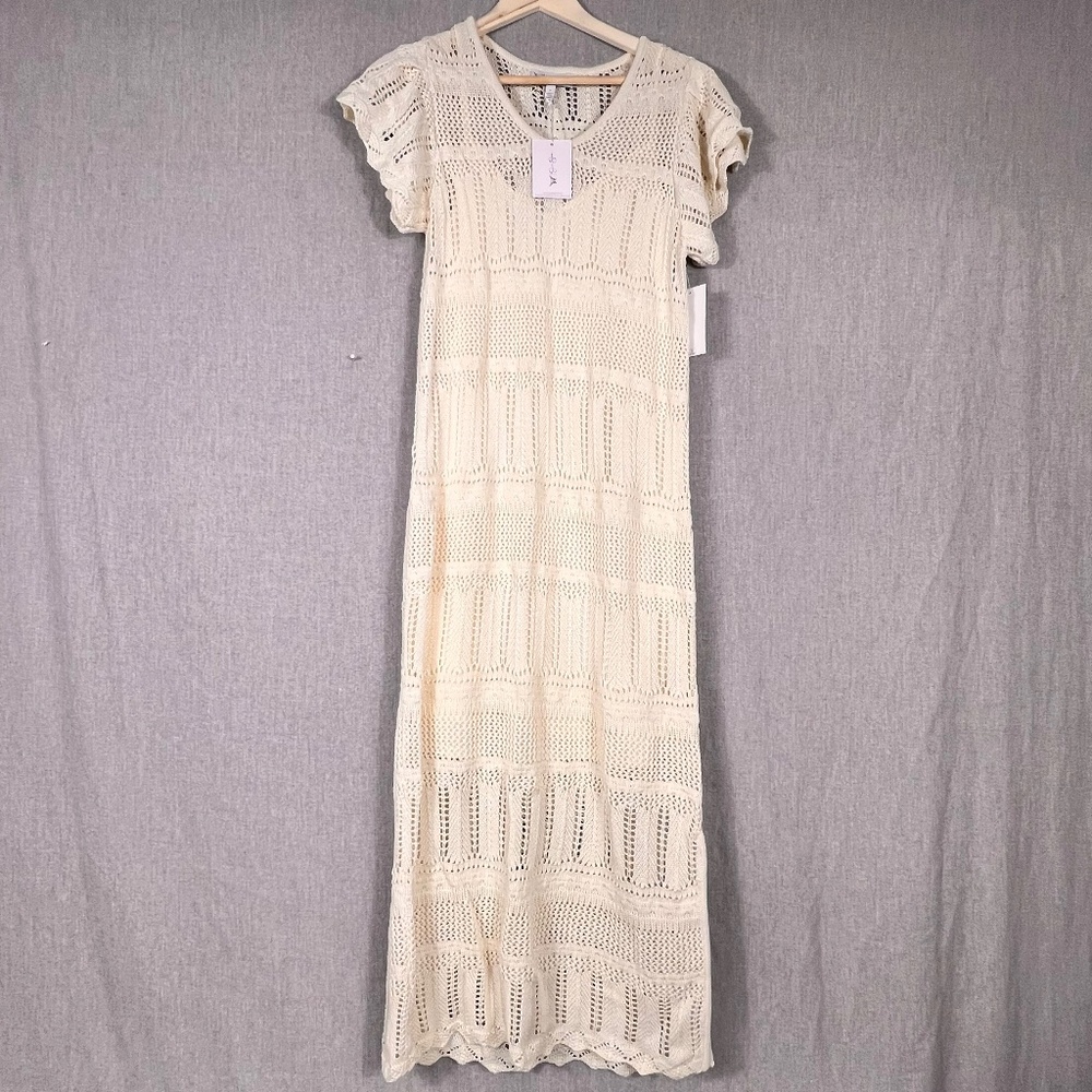 NWT Jessica Simpson Trinity Crochet Ruffle Sleeve Maxi Sweater Dress L Vaca Boho